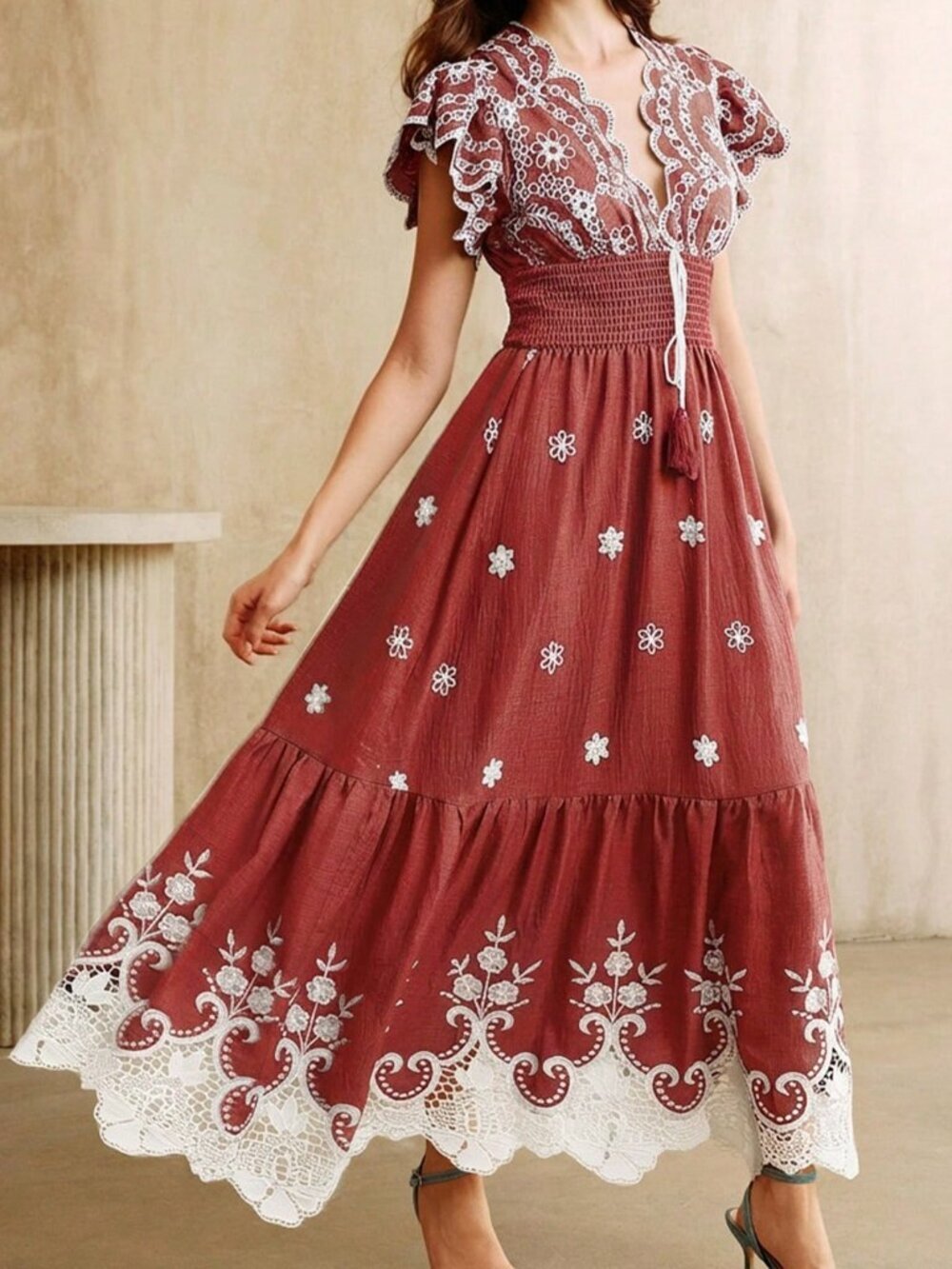 Red Boho Women's Embroidered Lace V-Neck Short Sleeve Cinched Maxi Dress - Picture 1 of 7